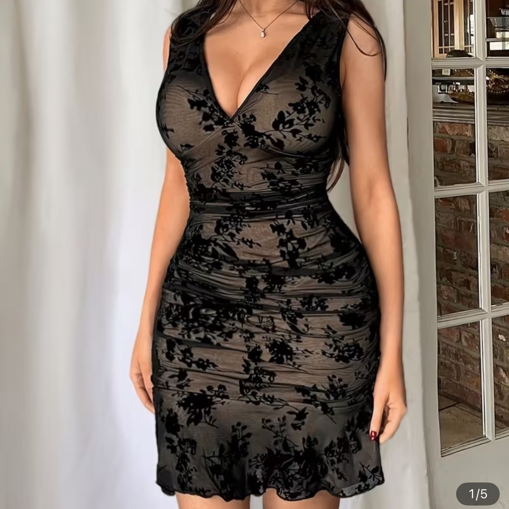 Sheer Black Floral Velvet Ruched Mini Dress